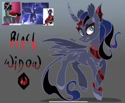 Size: 2035x1668 | Tagged: safe, artist:caramelbolt24, derpibooru import, idw, princess luna, oc, oc:black widow, alicorn, pony, unicorn, cloven hooves, ear fluff, evil luna, female, flying, gradient background, horn, image, jpeg, leonine tail, makeup, male, mare, offspring, parent:king sombra, parent:princess luna, parents:lumbra, peytral, signature, stallion, wings