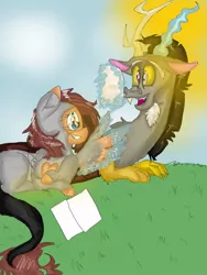 Size: 780x1040 | Tagged: safe, artist:cocolove2176, derpibooru import, discord, oc, draconequus, pegasus, glowing wings, grin, image, jpeg, looking back, lying down, magic, male, open mouth, outdoors, pegasus oc, prone, smiling, sun, telekinesis, wings