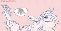 Size: 1280x648 | Tagged: safe, artist:stepandy, derpibooru import, discord, princess celestia, alicorn, draconequus, pony, unicorn, dislestia, female, image, male, male pregnancy, png, precord, pregcord, pregnant, shipping, straight