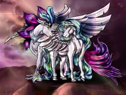 Size: 2000x1500 | Tagged: safe, artist:nightmarederpy, derpibooru import, princess celestia, queen novo, alicorn, classical hippogriff, hippogriff, pony, my little pony: the movie, beak, claws, collar, crepuscular rays, crown, ethereal mane, feather, female, flowing tail, horn, image, jewelry, looking at each other, png, regalia, sky, smiling, sparkles, spread wings, starry mane, sunlight, tail, wings