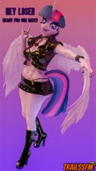 Size: 2160x3840 | Tagged: suggestive, artist:trailssfm, derpibooru import, twilight sparkle, alicorn, anthro, plantigrade anthro, 3d, absurd resolution, belly button, boots, bracelet, breasts, busty twilight sparkle, chains, cleavage, clothes, collar, date, eyeshadow, female, goth, heart, image, jewelry, leather, leather boots, lipstick, looking at you, makeup, miniskirt, necklace, panties, png, shoes, skirt, solo, solo female, spiked collar, text, the ass was fat, thong, underwear, wings