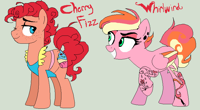 Size: 756x418 | Tagged: safe, artist:captainsnarkyninja, derpibooru import, oc, oc:cherry fizz, oc:whirlwind, earth pony, pegasus, earth pony oc, eyeshadow, image, looking at each other, magical lesbian spawn, makeup, offspring, parent:pinkie pie, parent:rainbow dash, parents:pinkiedash, pegasus oc, png, smiling, wings