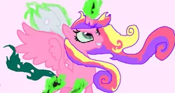 Size: 647x345 | Tagged: safe, artist:captainsnarkyninja, derpibooru import, princess cadance, queen chrysalis, alicorn, changeling, changeling queen, evil grin, fake cadance, female, grin, image, looking up, png, smiling, solo, transformation, transforming