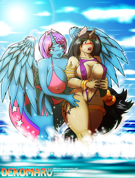 Size: 1556x2048 | Tagged: questionable, artist:dekomaru, derpibooru import, oc, oc:sahhara, oc:vanilla spice, unofficial characters only, alicorn, anthro, unguligrade anthro, alicorn oc, anthro oc, big breasts, bikini, blushing, breasts, clothes, commission, erect nipples, horn, huge breasts, image, piercing, png, redraw, sling bikini, swimsuit, wings