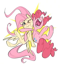 Size: 777x826 | Tagged: safe, artist:glacierclear, derpibooru import, fluttershy, pinkie pie, earth pony, pegasus, pony, :t, cheek squish, cute, duo, female, happy, hug, image, mare, nose in the air, one eye closed, open mouth, png, squishy cheeks, volumetric mouth