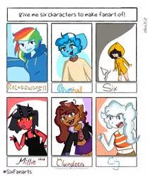 Size: 1004x1200 | Tagged: safe, alternate version, artist:ddddashie, derpibooru import, rainbow dash, anthro, cat, wolf, six fanarts, equestria girls, bust, clawdeen wolf, clothes, crossover, female, fingerless gloves, gloves, grin, gumball watterson, hand on hip, helluva boss, image, jpeg, little nightmares, millie (helluva boss), monster high, open mouth, raincoat, regular show, skirt, smiling, the amazing world of gumball