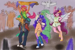 Size: 1772x1181 | Tagged: safe, artist:shacy's pagelings, derpibooru import, hitch trailblazer, izzy moonbow, pipp, sunny starscout, anthro, earth pony, pegasus, pony, unicorn, spoiler:g5, armpits, bag, ball, boots, braid, clothes, converse, eyes closed, female, g5, horn, horn guard, horn impalement, hornball, image, izzy's tennis ball, jacket, male, one eye closed, open mouth, pants, png, shoes, skirt, spread wings, standing, tennis ball, wings