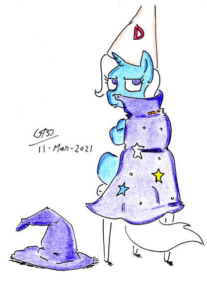 Size: 1024x1472 | Tagged: safe, artist:gafelpoez, derpibooru import, trixie, pony, cape, clothes, dunce hat, hat, image, jpeg, trixie's cape, trixie's hat