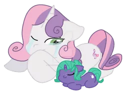 Size: 800x603 | Tagged: safe, artist:opalescentartist, derpibooru import, sweetie belle, oc, oc:seamist ruby, dracony, hybrid, alternate cutie mark, aunt and niece, crying, deviantart watermark, duo, image, interspecies offspring, lying down, obtrusive watermark, offspring, older, older sweetie belle, parent:rarity, parent:spike, parents:sparity, png, simple background, transparent background, watermark