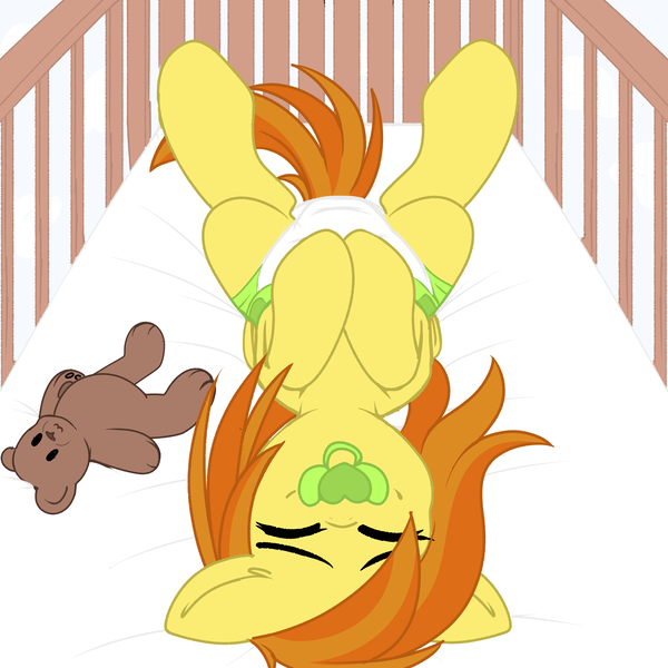 Size: 2995x2995 | Tagged: safe, artist:xcinnamon-twistx, derpibooru import, oc, oc:flash pen, baby, bed, colored sketch, commission, crib, diaper, image, non-baby in diaper, pacifier, png, sketch, ych result, your character here