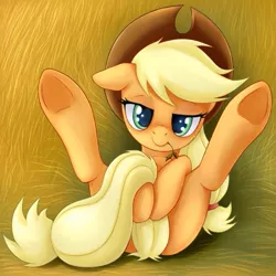 Size: 599x599 | Tagged: source needed, suggestive, artist:rainbow, deleted from derpibooru, derpibooru import, applejack, earth pony, pony, bedroom eyes, covering, female, hooves, image, jpeg, looking at you, lying down, mare, on back, solo, solo female, straw in mouth, tail covering, underhoof
