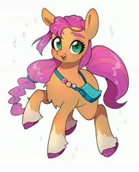 Size: 2480x3074 | Tagged: safe, artist:potetecyu_to, derpibooru import, sunny starscout, earth pony, pony, badge, bag, braid, chest fluff, cute, female, g5, high res, image, jpeg, looking at you, mare, open mouth, simple background, socks (coat marking), solo, sparkles, sunnybetes, unshorn fetlocks, white background