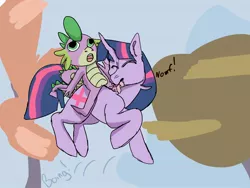 Size: 1600x1200 | Tagged: safe, artist:vorian caverns, derpibooru import, twilight sparkle, butterfly, dragon, insect, pony, unicorn, fall weather friends, duo, eating, female, image, jpeg, male, mare, omnivore twilight, spike riding twilight, unicorn twilight