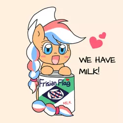 Size: 1024x1024 | Tagged: safe, artist:foxy1219, derpibooru import, oc, oc:ember, unofficial characters only, earth pony, pony, blush sticker, blushing, dutch, female, friesland, hearth's warming con, image, mare, mascot, milk, netherlands, orange background, png, simple background, solo