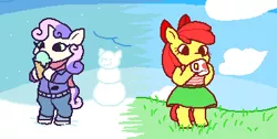 Size: 372x188 | Tagged: safe, artist:gorby, derpibooru import, apple bloom, sweetie belle, semi-anthro, clothes, image, pixel art, png