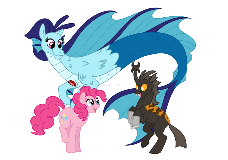 Size: 1280x900 | Tagged: safe, artist:faith-wolff, derpibooru import, pinkie pie, sonata dusk, changeling, kaiju, siren, fanfic:the bridge, changelingified, crossover, fanfic art, godzilla, image, megalon, png, species swap