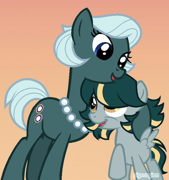 Size: 649x693 | Tagged: safe, artist:pastel-pocky, artist:pigeorgien, derpibooru import, oc, oc:cobalt cold, oc:uranium fever, unofficial characters only, earth pony, pegasus, pony, base used, cute, duo, female, filly, gradient background, hug, image, jewelry, mare, mother and child, mother and daughter, necklace, ocbetes, png