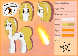 Size: 4200x3000 | Tagged: safe, artist:sojek, derpibooru import, oc, oc:noti chaos, pony, unicorn, blonde, chest fluff, cutie mark, fluffy, image, orange eyes, png, reference, reference sheet