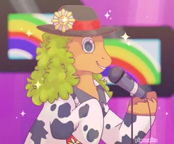 Size: 925x768 | Tagged: safe, artist:pigeorgien, derpibooru import, earth pony, pony, my little pony tales, 80s, clothes, dazzle, female, g1, hat, image, jacket, looking at you, mare, microphone, parody, png, rainbow, sergey minaev, shirt, smiling, smiling at you, solo, sparkles, television, unshorn fetlocks