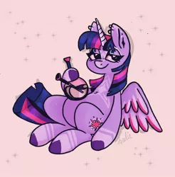 Size: 1490x1517 | Tagged: safe, artist:dear_crimes, derpibooru import, twilight sparkle, twilight sparkle (alicorn), alicorn, pony, bong, drugs, ear piercing, earring, high, image, jewelry, jpeg, junkielight, lidded eyes, looking at you, piercing, smiling, solo, spread wings, wings