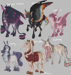 Size: 5454x5796 | Tagged: dead source, safe, artist:sannateacupss, derpibooru import, applejack, fluttershy, pinkie pie, rainbow dash, rarity, twilight sparkle, twilight sparkle (alicorn), alicorn, earth pony, pegasus, pony, unicorn, alternate design, chest fluff, clothes, colored wings, cowboy hat, earth pony rarity, female, gray background, hat, image, jpeg, mane six, mare, multicolored wings, pegasus pinkie pie, plaid shirt, race swap, rainbow wings, redesign, shirt, simple background, straw in mouth, twitterina design, unicorn fluttershy, wings