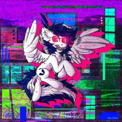 Size: 1280x1280 | Tagged: safe, artist:lilclim, derpibooru import, oc, oc:rayrage, pegasus, pony, aggressive, background, brightcolor, building, caption, error, eyes open, female, flying, full body, glitch, image, image macro, jpeg, night, solo, text, town, wings