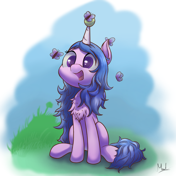 Size: 1250x1250 | Tagged: safe, artist:thunder s arts, derpibooru import, izzy moonbow, butterfly, insect, pony, unicorn, my little pony: a new generation, ball, chest fluff, colored pupils, cute, female, g5, grass, horn, horn guard, horn impalement, hornball, image, izzy's tennis ball, izzybetes, mare, open mouth, png, simple background, sitting, sky, smiling, solo, tennis ball