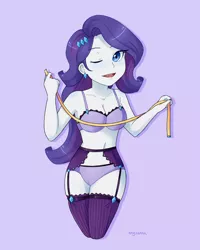 Size: 1280x1600 | Tagged: suggestive, artist:angsanna, derpibooru import, rarity, equestria girls, blue background, bra, breasts, cleavage, clothes, ear piercing, earring, female, garter belt, garters, image, jewelry, lingerie, measuring tape, one eye closed, panties, piercing, png, simple background, socks, solo, solo female, stockings, thigh highs, underwear