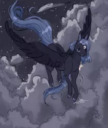 Size: 2423x2876 | Tagged: dead source, safe, artist:sannateacupss, derpibooru import, oc, oc:starry night, unofficial characters only, pegasus, pony, ethereal mane, female, flying, image, jpeg, mare, night, not luna, solo, spread wings, starry mane, wings