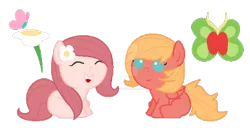 Size: 400x204 | Tagged: safe, artist:nopepixels, artist:opalescentartist, derpibooru import, oc, oc:ambrosia, oc:annie apricot, unofficial characters only, earth pony, pegasus, pony, baby, baby pony, base used, deviantart watermark, duo, female, filly, flower, flower in hair, image, obtrusive watermark, offspring, parent:big macintosh, parent:fluttershy, parents:fluttermac, png, siblings, simple background, sisters, transparent background, watermark