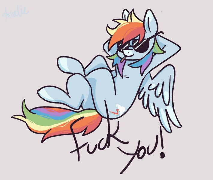 Size: 1386x1171 | Tagged: safe, artist:dear_crimes, derpibooru import, rainbow dash, pegasus, pony, cigarette, fuck you, hooves behind head, image, jpeg, pink background, simple background, solo, sunglasses, vulgar