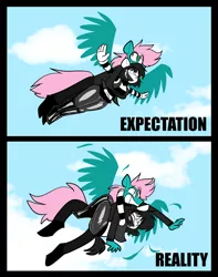 Size: 2550x3230 | Tagged: safe, artist:belaboy, derpibooru import, oc, oc:cid, oc:isabelle incraft, oc:izzy, unofficial characters only, anthro, earth pony, pegasus, pony, beret, clothes, comic, earth pony oc, expectation vs reality, flying, hat, high res, holding a pony, image, mime, pegasus oc, png, scared, wings, x, x eyes