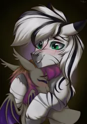 Size: 1171x1661 | Tagged: safe, artist:hydrargyrum, derpibooru import, oc, oc:palatinatus clypeus, oc:xuan mai, bat pony, zebra, bat pony oc, bat wings, blushing, cuddling, cute, green eyes, hug, image, jpeg, oc x oc, scar, shipping, smiling, wings, zebra oc