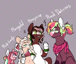 Size: 1000x834 | Tagged: safe, artist:orphicswan, derpibooru import, oc, oc:honeycrisp, oc:marigold, oc:pink lady, oc:red delicious, earth pony, pony, unicorn, image, magical lesbian spawn, offspring, parent:apple bloom, parent:big macintosh, parent:cheerilee, parent:diamond tiara, parents:cheerimac, parents:cheesejack, parents:diamondbloom, png, solo