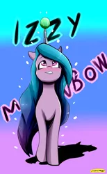 Size: 3544x5752 | Tagged: safe, artist:undercowboy, derpibooru import, izzy moonbow, pony, ball, blushing, female, g5, gradient background, high res, horn, horn guard, horn impalement, hornball, image, izzy's tennis ball, mare, png, solo, tennis ball, text