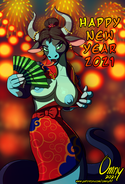 Size: 1200x1761 | Tagged: questionable, artist:omny87, derpibooru import, queen chrysalis, anthro, changeling, ophiotaurus, alternate hairstyle, bare chest, big breasts, blurred background, breasts, chinese new year, clothes, dress, exposed breasts, fireworks, flashing, flashing boobs, forked tongue, horns, image, looking at you, lunar new year, new year, paper fan, png, species swap, tongue out