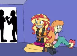 Size: 1834x1335 | Tagged: safe, artist:bugssonicx, derpibooru import, megan williams, sunset shimmer, equestria girls, arm behind back, bondage, bound and gagged, gag, image, kidnapped, png, rope, rope bondage, silhouette, sweat, sweatdrops, tape, tape gag, teary eyes, tied up, untying