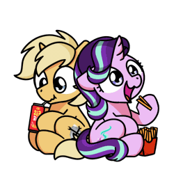 Size: 500x500 | Tagged: safe, artist:sugar morning, derpibooru import, part of a set, starlight glimmer, oc, oc:sunlight bolt, pegasus, pony, unicorn, animated, bepis, can, chibi, cute, drinking, eating, female, food, frame by frame, french fries, gif, glimmerbetes, hoof hold, image, male, mare, nom, shipping, simple background, sitting, stallion, sugar morning's snacc and drincc, this will end in weight gain, transparent background