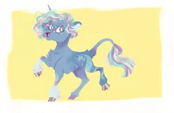 Size: 1109x721 | Tagged: source needed, useless source url, safe, artist:creepy-dodger, derpibooru import, trixie, pony, unicorn, alternate cutie mark, alternate design, alternate hair color, alternate hairstyle, cloven hooves, colored hooves, female, freckles, image, jpeg, leonine tail, short hair, simple background, solo, star freckles, unshorn fetlocks, yellow background