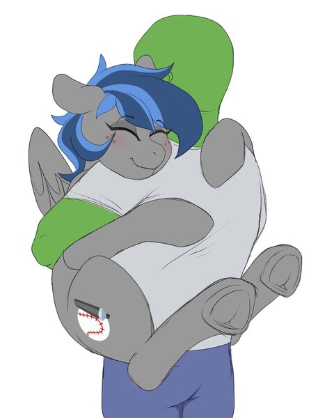 Size: 1040x1365 | Tagged: safe, artist:littlebibbo, derpibooru import, oc, oc:anon, oc:bibbo, unofficial characters only, human, pegasus, pony, blushing, cute, eyes closed, female, floppy ears, freckles, frog (hoof), happy, holding a pony, hug, image, jpeg, male, mare, simple background, smiling, underhoof, white background