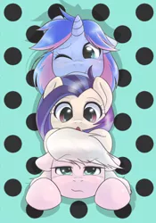 Size: 1430x2048 | Tagged: safe, artist:kurogewapony, derpibooru import, oc, oc:moff cloud, oc:slowly flame, oc:southern sail, unofficial characters only, earth pony, pegasus, pony, unicorn, cute, female, image, jpeg, mare, stack