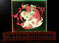 Size: 2805x2065 | Tagged: safe, artist:themisto97, derpibooru import, sunset shimmer, pony, unicorn, acrylic plastic, acrylight, catasterism, craft, engraving, evil grin, female, fiery shimmer, fire, fire tail, fireball, grin, image, jpeg, lasercut, led, mane of fire, mare, multicolored, nightlight, photo, raised hoof, rapidash shimmer, smiling, smirk, solo, sun, text