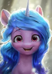 Size: 850x1200 | Tagged: safe, artist:assasinmonkey, derpibooru import, izzy moonbow, pony, unicorn, bust, cute, g5, image, izzybetes, open mouth, png, portrait, smiling, solo