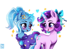 Size: 998x656 | Tagged: safe, alternate version, artist:meqiopeach, derpibooru import, starlight glimmer, trixie, unicorn, alternate hairstyle, animated, babysitter trixie, blushing, bow, butt, clothes, crystal, cute, cutie mark, diatrixes, female, gameloft, gameloft interpretation, gem, gif, gift art, glimmerbetes, heart, heart eyes, hoodie, image, looking at each other, pigtails, ponytail, shipping, smiling, starry eyes, stars, watermark, wingding eyes