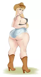 Size: 620x1165 | Tagged: suggestive, artist:sundown, derpibooru import, applejack, human, applebucking thighs, applebutt, applejacked, applejack's hat, boots, breasts, busty applejack, butt, clothes, cowboy hat, daisy dukes, erect nipples, female, freckles, hand on belly, hat, high heel boots, high heels, humanized, image, jacqueline applebuck, jpeg, large butt, legs, looking at you, looking back, looking back at you, midriff, muscles, open mouth, sexy, shoes, shorts, socks, solo, solo female, standing, that one freckle, the ass was fat, thicc ass, thick, thigh highs, thighs, underwear