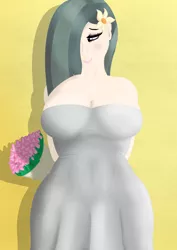 Size: 2480x3508 | Tagged: suggestive, artist:eel's stuff, derpibooru import, marble pie, human, avoiding eye contact, big breasts, breasts, cleavage, clothes, dress, flower, hands behind back, huge breasts, humanized, image, png, wide hips