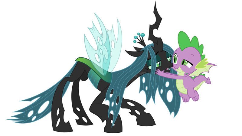 Size: 3307x1860 | Tagged: safe, artist:culu-bluebeaver, derpibooru import, queen chrysalis, spike, changeling, changeling queen, dragon, chryspike, crown, digital, digital art, female, flying, horn, image, jewelry, looking at each other, male, png, regalia, shipping, smiling, straight, vector, wings