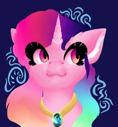 Size: 1256x1346 | Tagged: safe, artist:skyblazeart, derpibooru import, oc, oc:skyblaze, unofficial characters only, alicorn, pony, alicorn oc, blue background, ear fluff, eyelashes, female, gem, gradient mane, horn, image, jewelry, necklace, png, rainbow power, simple background, solo, wings