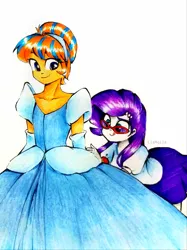 Size: 2541x3389 | Tagged: safe, artist:liaaqila, derpibooru import, rarity, oc, oc:cold front, equestria girls, cinderella, clothes, crossdressing, cute, dress, ear piercing, earring, equestria girls-ified, evening gloves, glasses, gloves, gown, hairband, image, jewelry, jpeg, long gloves, piercing, skirt, smiling, top