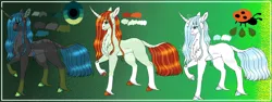 Size: 1280x481 | Tagged: safe, artist:malinraf1615, derpibooru import, crackle cosette, queen chrysalis, changedling, changeling, changeling queen, pony, unicorn, alternate hairstyle, blank flank, curved horn, disguise, disguised changeling, female, horn, image, jpeg, leonine tail, mare, markings, purified chrysalis, raised hoof, reference sheet, solo, unshorn fetlocks